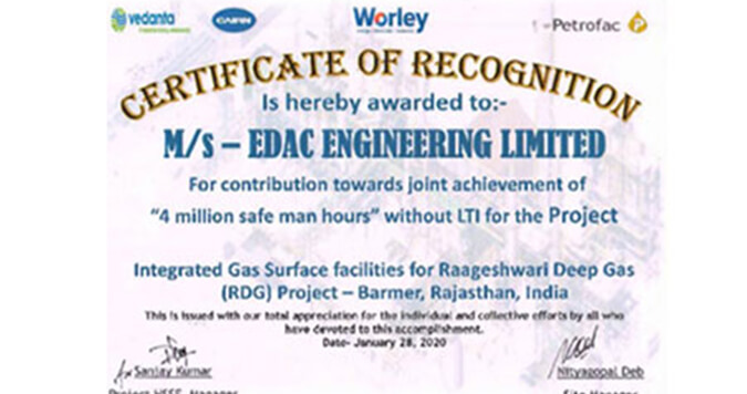 EDAC Engineering wins Safety Award for achieving 4 million safe hours without LTI at Raageshwari Deep Gas