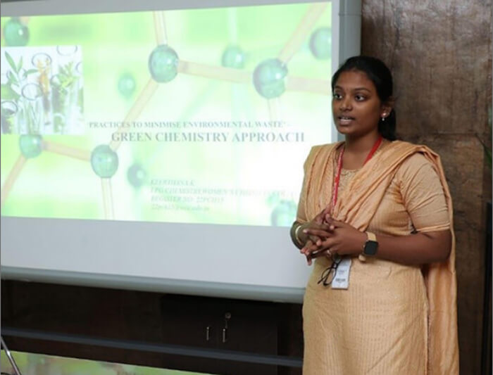 A student presenting her paper to the panelists during CHEMISKILL’Z 23