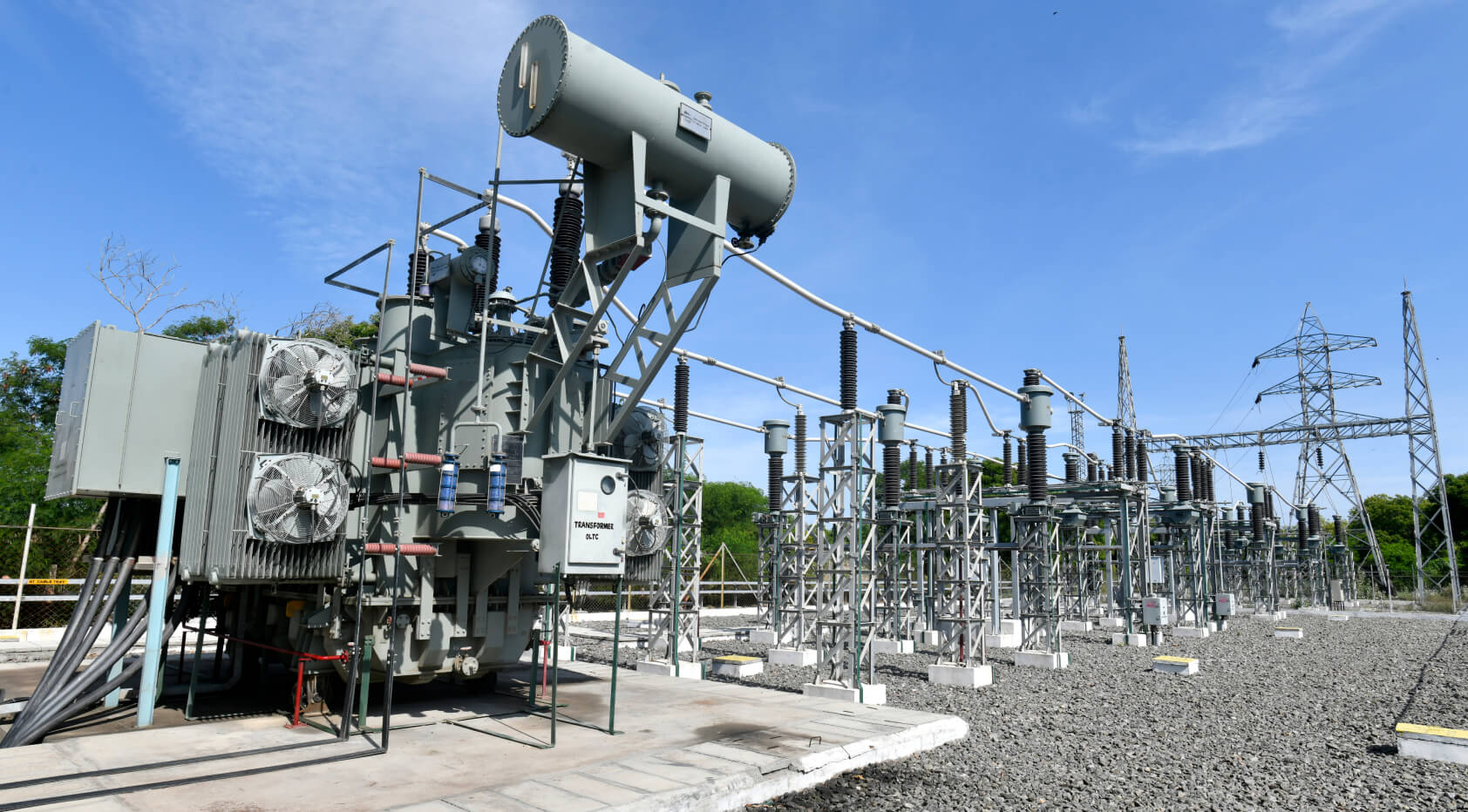 Electricity transmission tower connected to the Floating Solar Power Plant at SPIC, Tuticorin